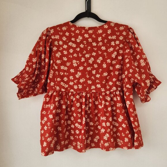 Madewell Puff Sleeve Floral Blouse Popover Top Happy Hibiscus Coral Shirt S - Picture 3 of 11